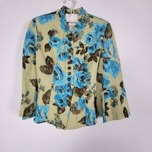 Emma James Womens Floral Print Button-Front Blazer Jacket Size 6 Tan Blue Career